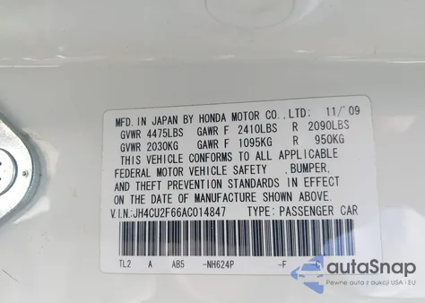 2010 Acura Tsx 2.4 from USA, damaged, VIN JH4CU2F66AC014847